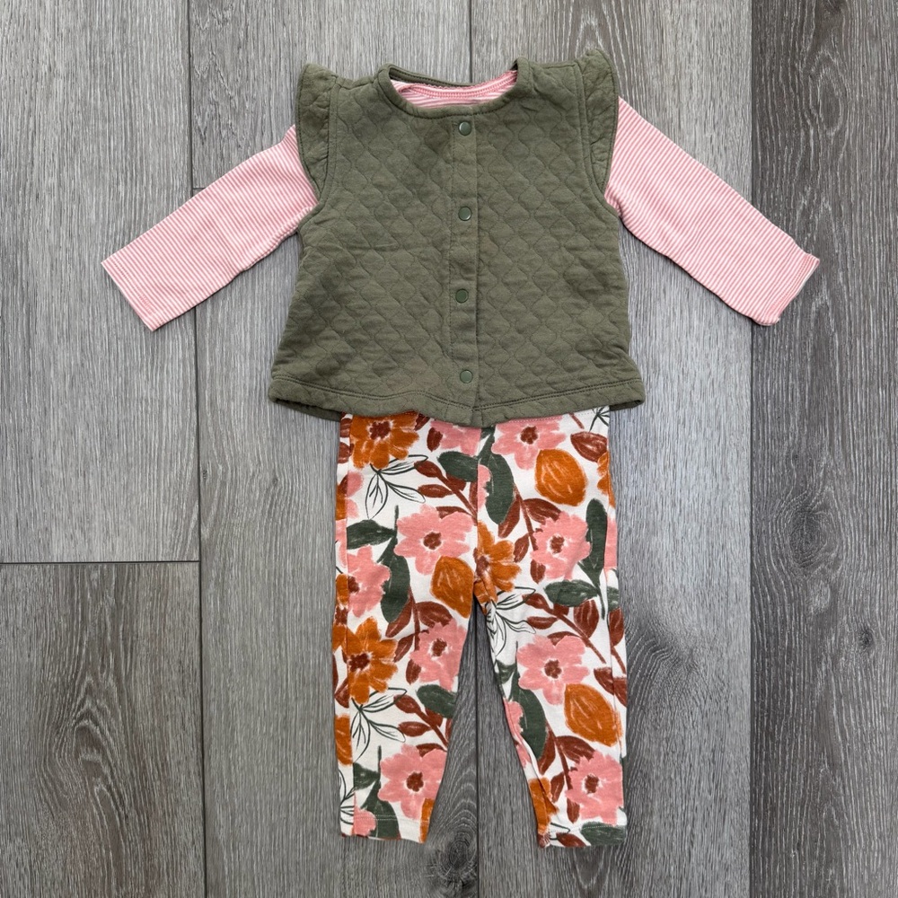 CARTERS 3PC LONG SLEEVE BODYSUIT VEST AND PANTS OUTFIT 12MO